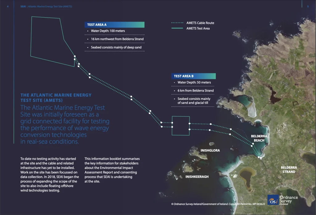 Illustration of the AMETS test site layout area from the Information booklet BlueWise Marine assisted SEAI to produce.